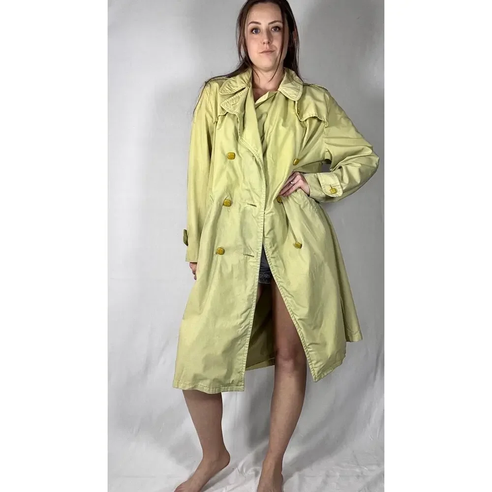 Vintage 1980s Hand Dyed Ombre Dip Dye Trench Coat Yellow Green Double Breasted